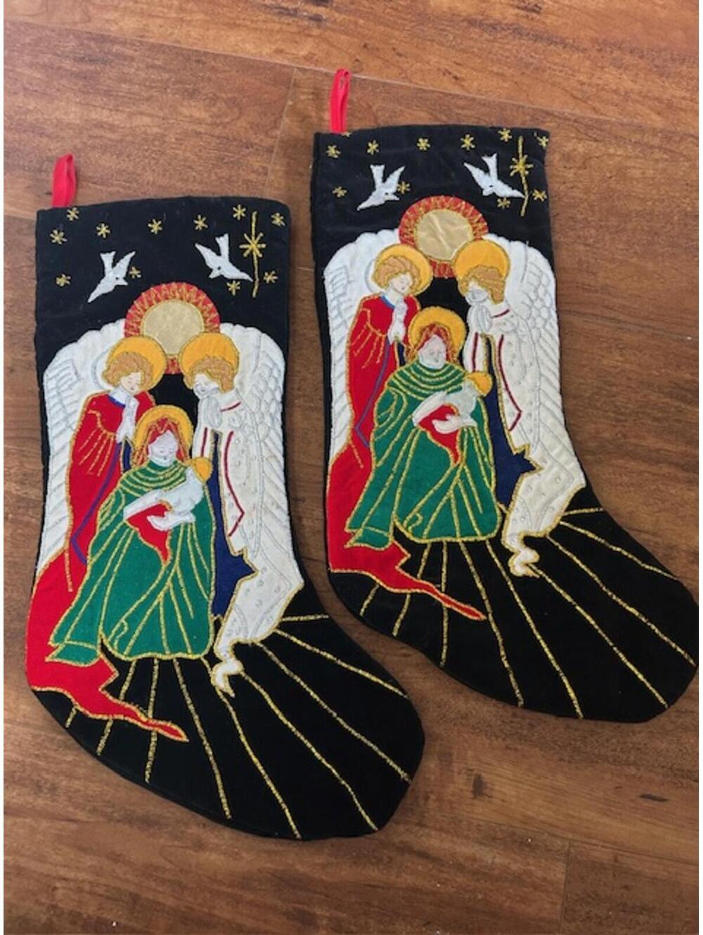 Vintage Embroidered Christmas Stockings with Nativity Scene Set of 2